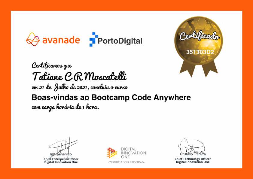 certificate of Boas-vindas ao Bootcamp Code Anywhere
