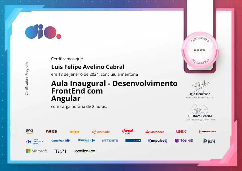 certificate of Aula Inaugural - Desenvolvimento FrontEnd com Angular