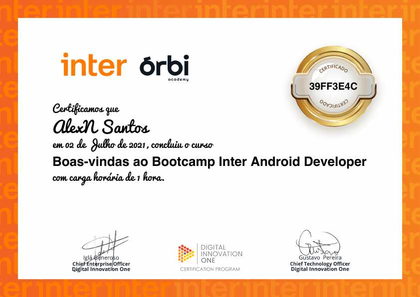 certificate of Boas-vindas ao Bootcamp Inter Android Developer