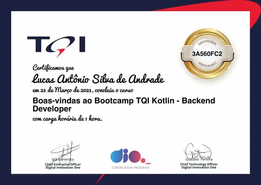 certificate of Boas-vindas ao Bootcamp TQI Kotlin - Backend Developer