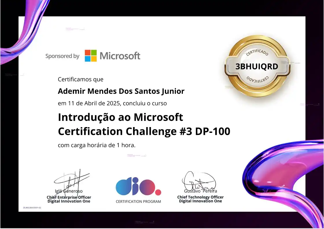 certificate of Introdução ao Microsoft Certification Challenge #3 DP-100