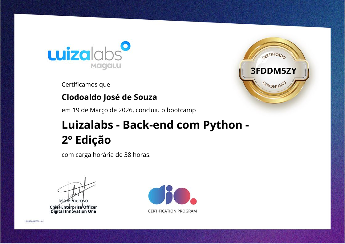 certificate of Luizalabs - Back-end com Python - 2º Edição
