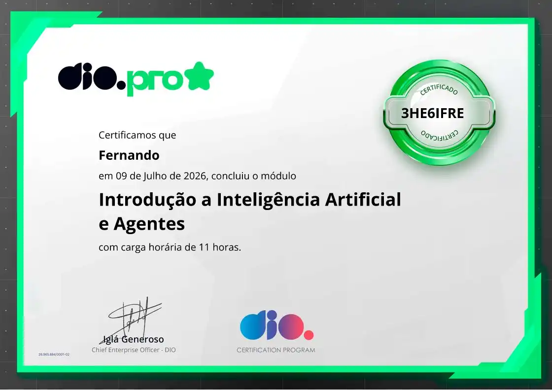 certificate of Introdução a Inteligência Artificial e Agentes