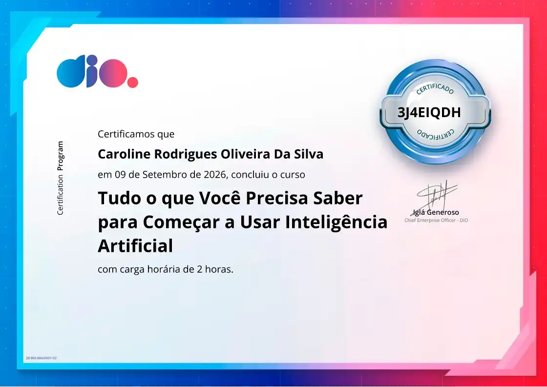 certificate of Tudo o que Você Precisa Saber para Começar a Usar Inteligência Artificial