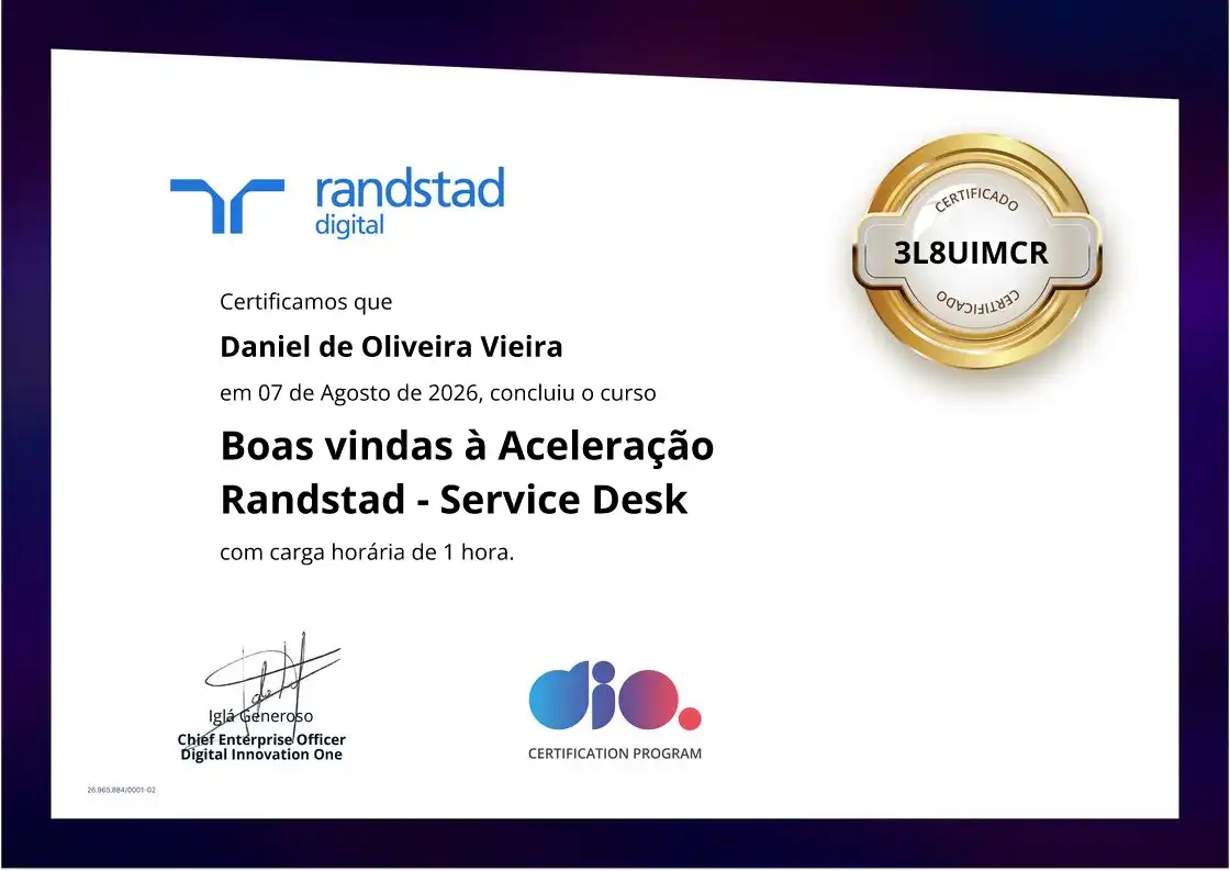 certificate of Boas vindas à Aceleração Randstad - Service Desk