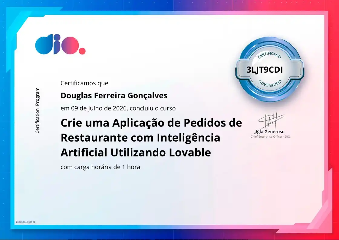certificate of Crie uma Aplicação de Pedidos de Restaurante com Inteligência Artificial Utilizando Lovable