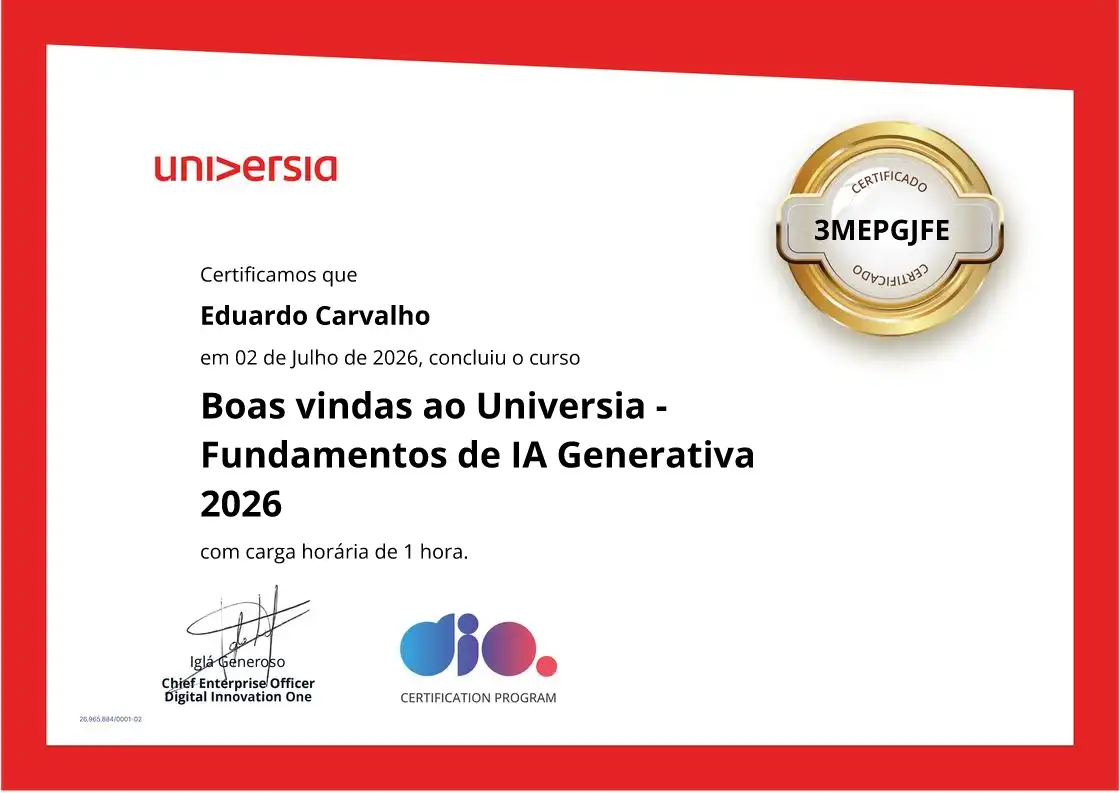 certificate of Boas vindas ao Universia - Fundamentos de IA Generativa 2026