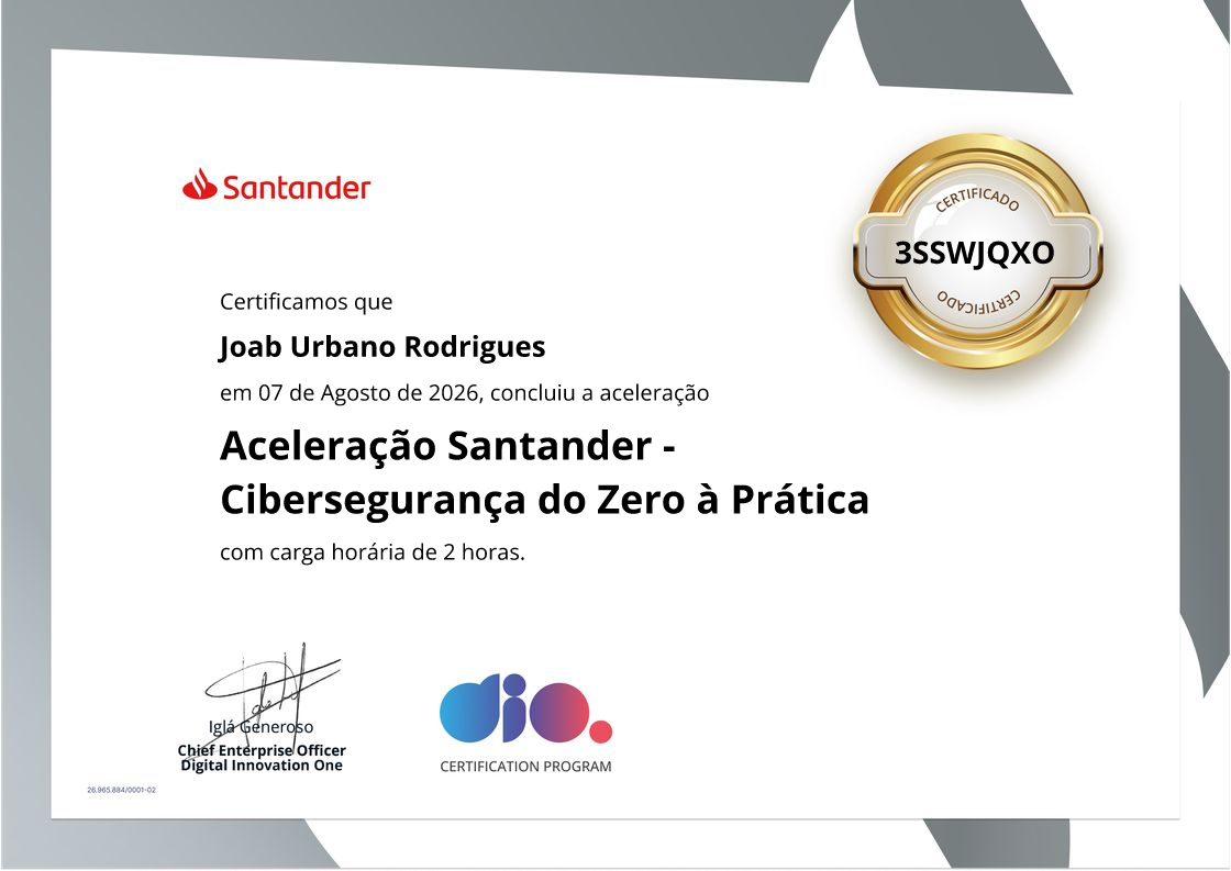 certificate of Aceleração Santander - Cibersegurança do Zero à Prática