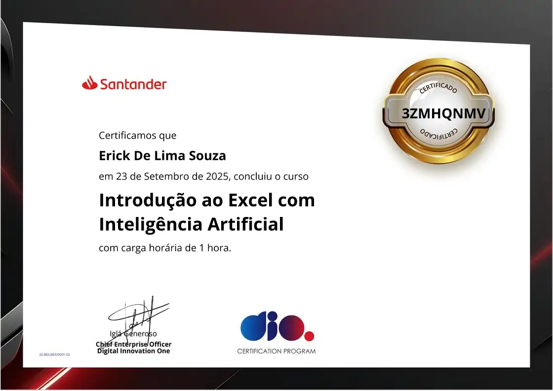 certificate of Introdução ao Excel com Inteligência Artificial