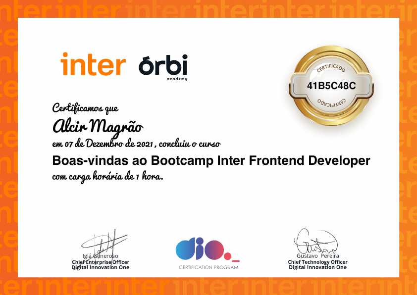 certificate of Boas-vindas ao Bootcamp Inter Frontend Developer