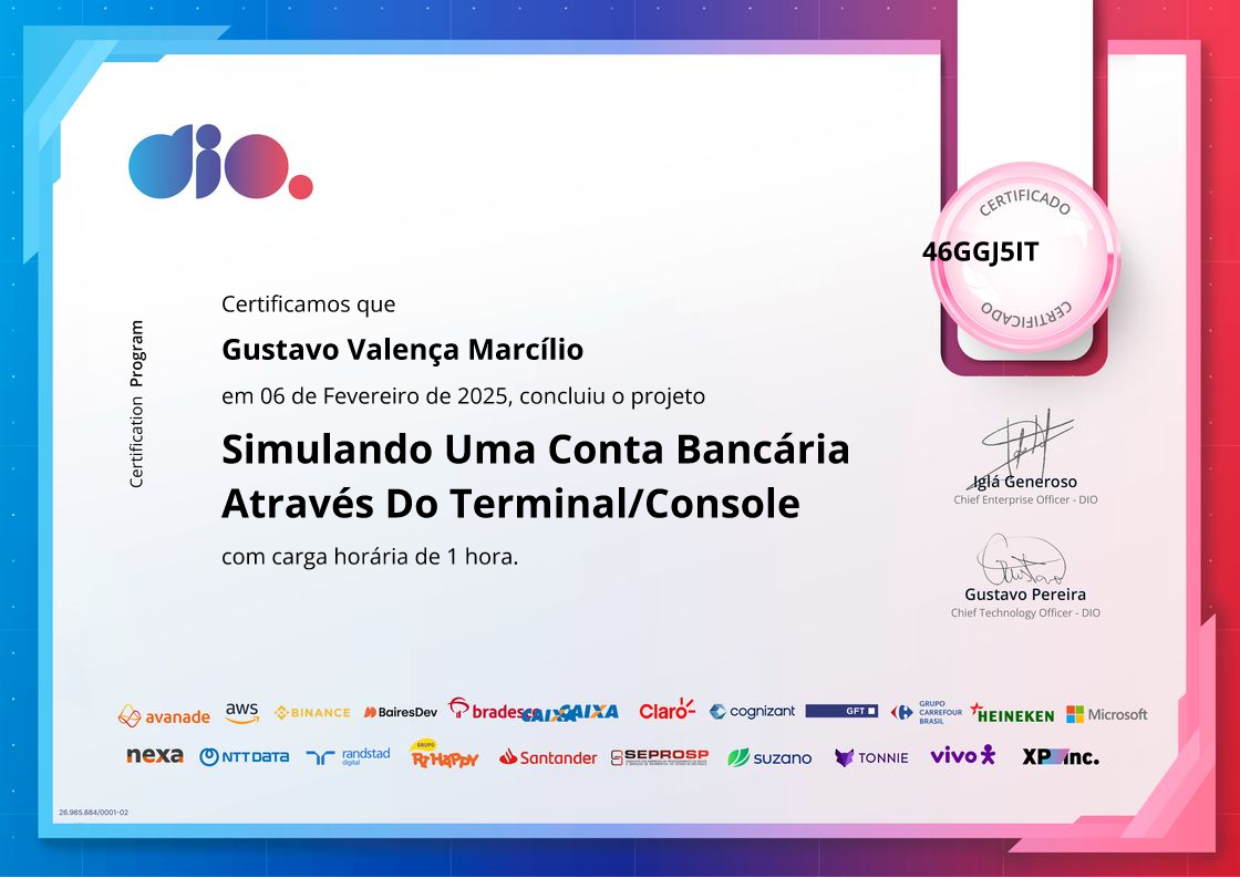 certificate of Simulando Uma Conta Bancária Através Do Terminal/Console