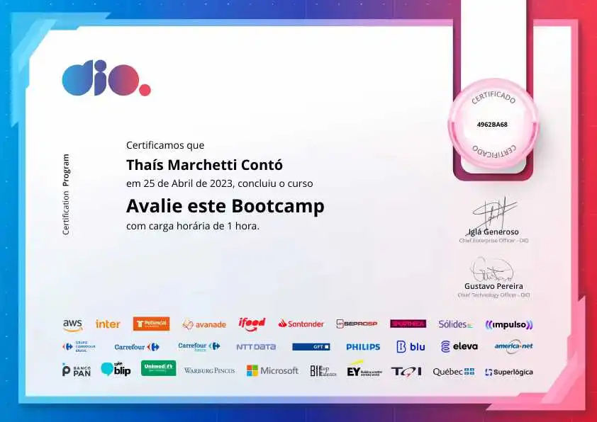 certificate of Avalie este Bootcamp