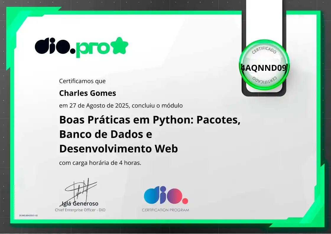 certificate of Boas Práticas em Python: Pacotes, Banco de Dados e Desenvolvimento Web
