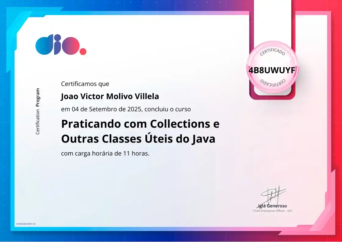 certificate of Praticando com Collections e Outras Classes Úteis do Java