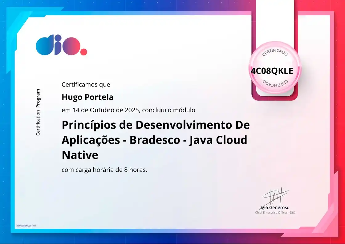 certificate of Princípios de Desenvolvimento De Aplicações - Bradesco - Java Cloud Native
