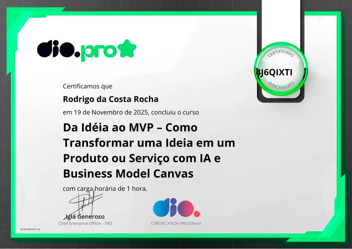certificate of Da Idéia ao MVP – Como Transformar uma Ideia em um Produto ou Serviço com IA e Business Model Canvas