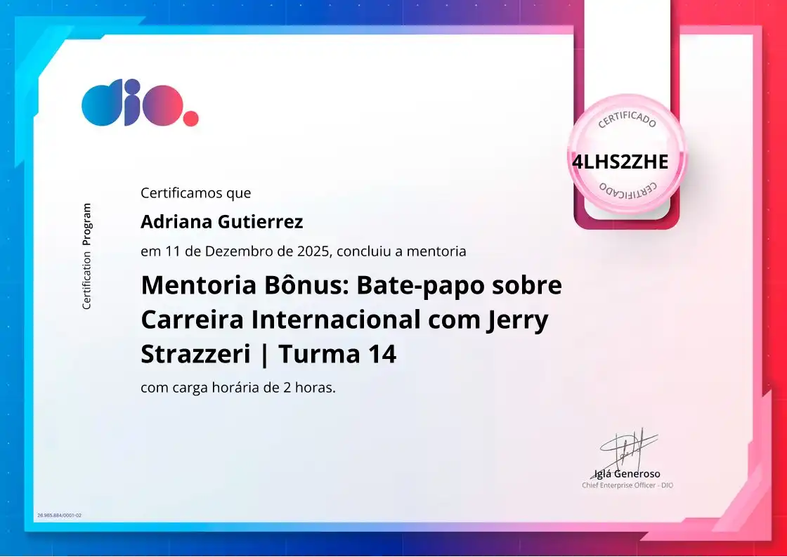 certificate of Mentoria Bônus: Bate-papo sobre Carreira Internacional com Jerry Strazzeri | Turma 14