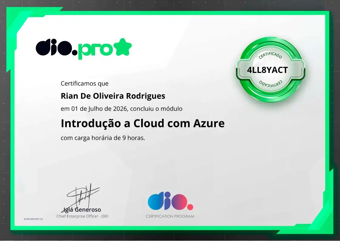 certificate of Introdução a Cloud com Azure