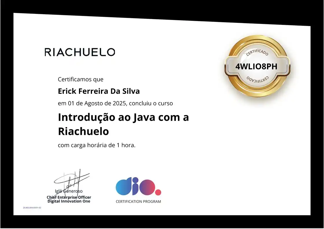 certificate of Introdução ao Java com a Riachuelo