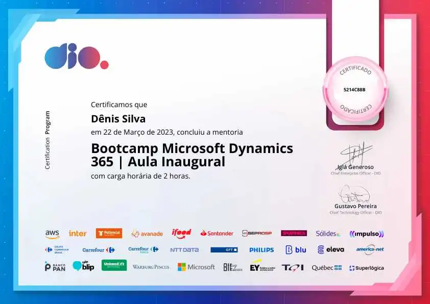 certificate of Bootcamp Microsoft Dynamics 365 | Aula Inaugural