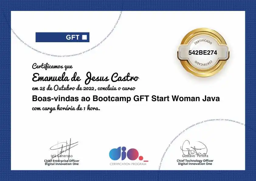 certificate of Boas-vindas ao Bootcamp GFT Start Woman Java