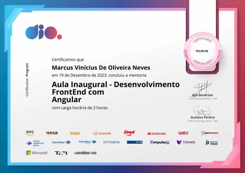 certificate of Aula Inaugural - Desenvolvimento FrontEnd com Angular