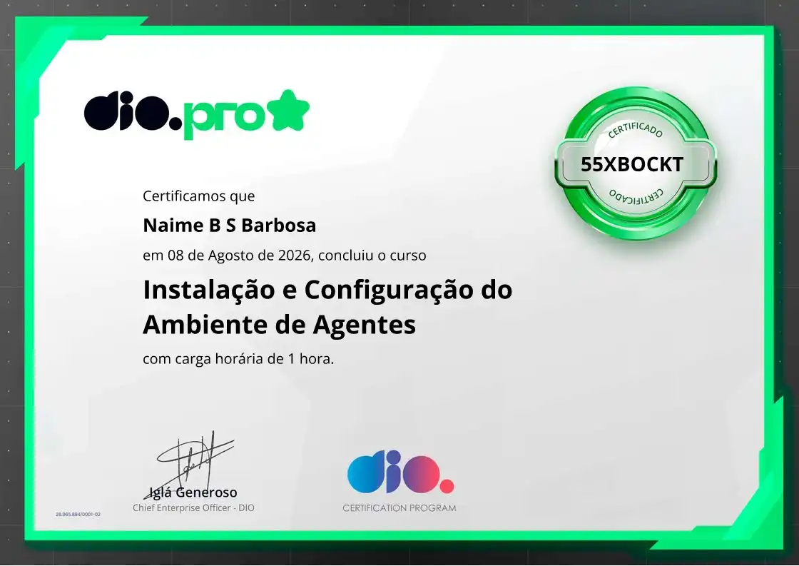 certificate of Instalação e Configuração do Ambiente de Agentes