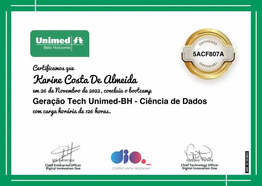 certificate of Geração Tech Unimed-BH - Ciência de Dados