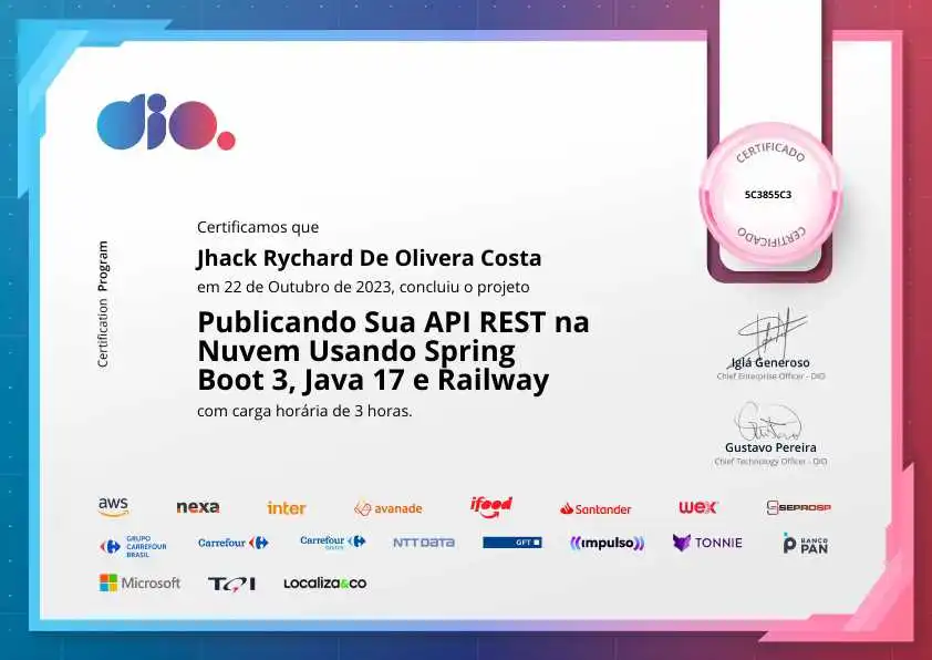 certificate of Publicando Sua API REST na Nuvem Usando Spring Boot 3, Java 17 e Railway