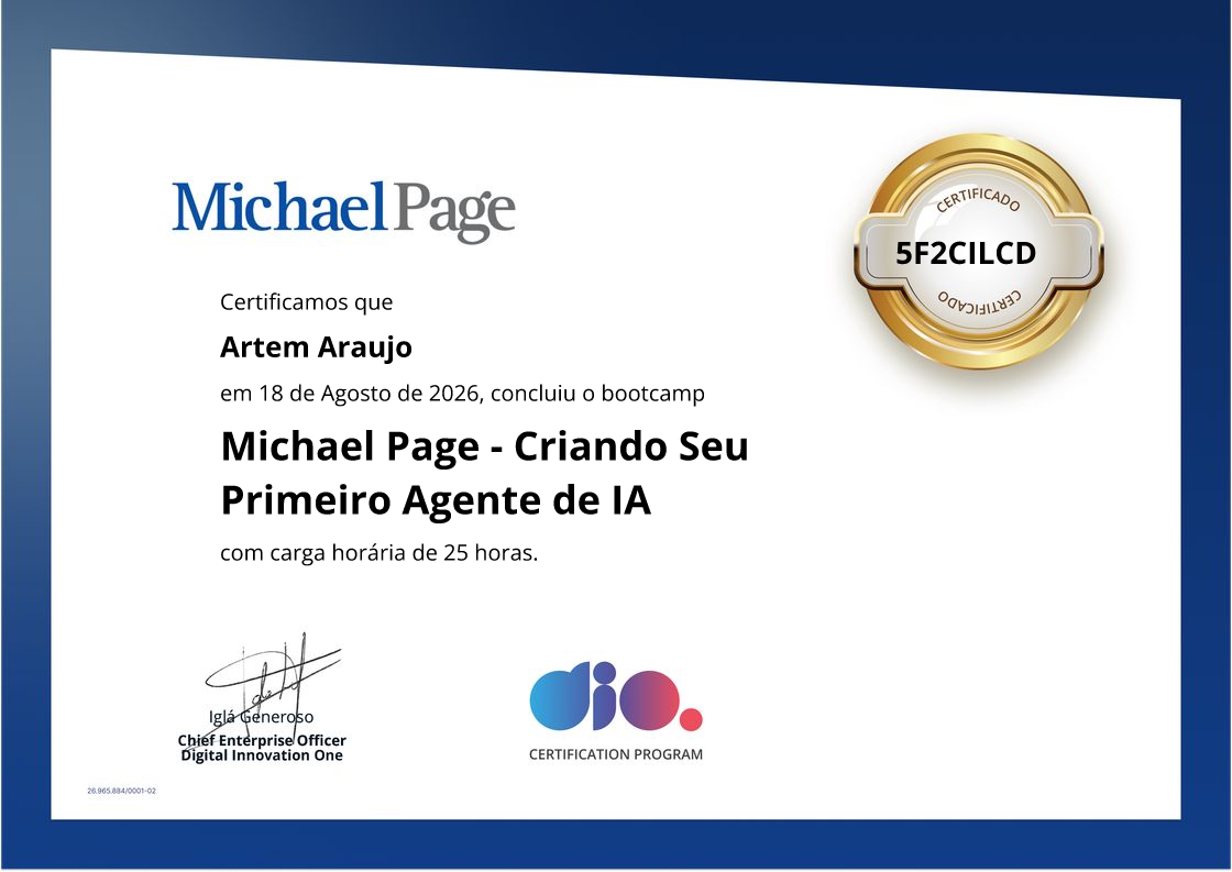 certificate of Michael Page - Criando Seu Primeiro Agente de IA
