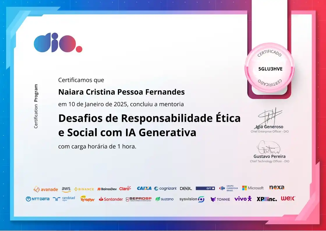 certificate of Desafios de Responsabilidade Ética e Social com IA Generativa