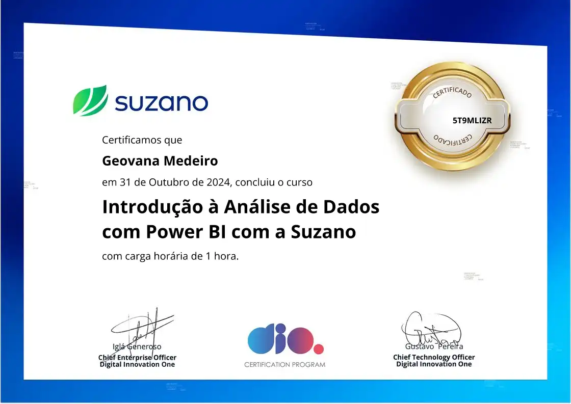 certificate of Introdução à Análise de Dados com Power BI com a Suzano