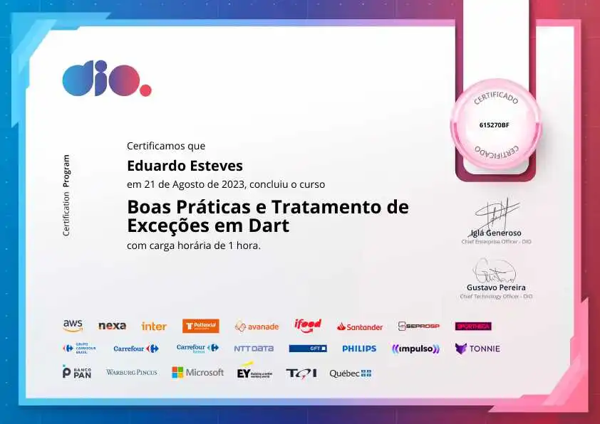 certificate of Boas Práticas e Tratamento de Exceções em Dart