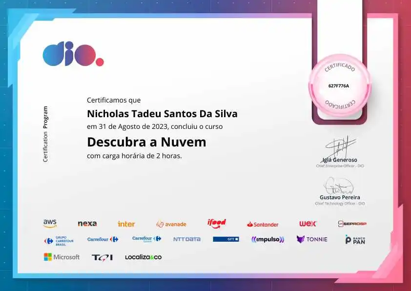 certificate of Descubra a Nuvem