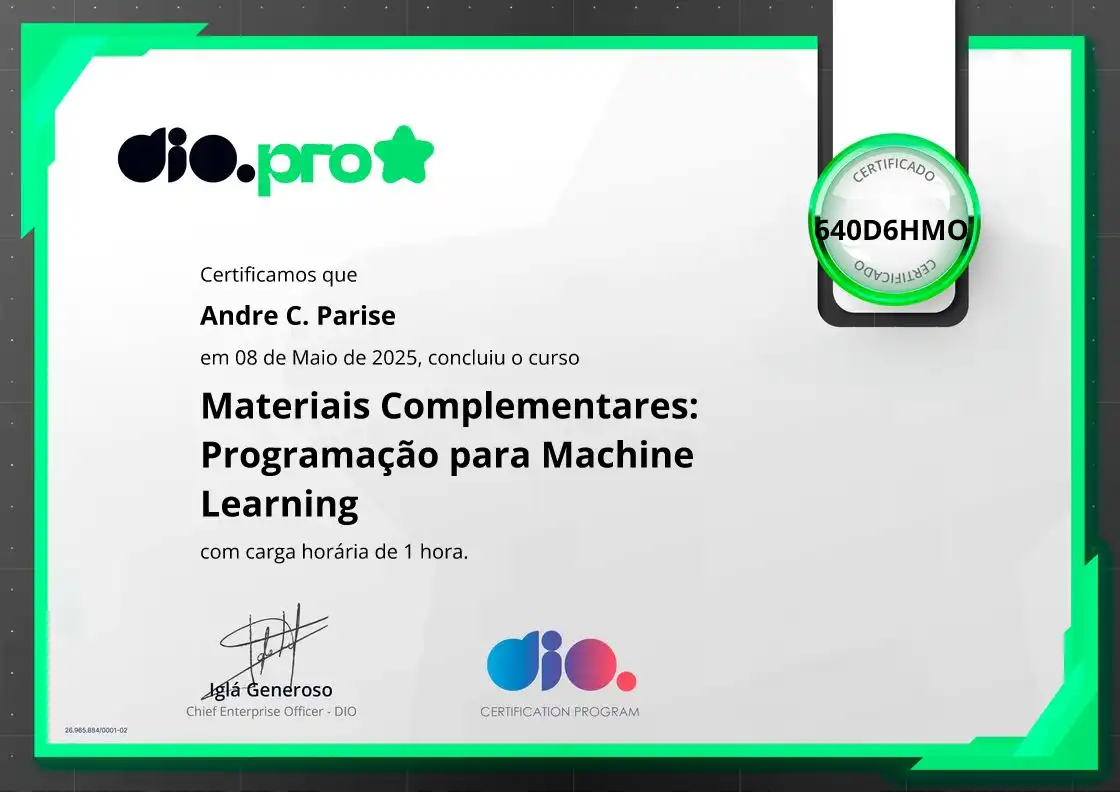 certificate of Materiais Complementares: Programação para Machine Learning
