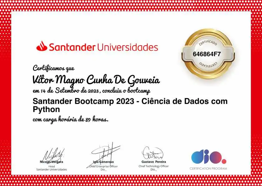 certificate of Santander Bootcamp 2023 - Ciência de Dados com Python