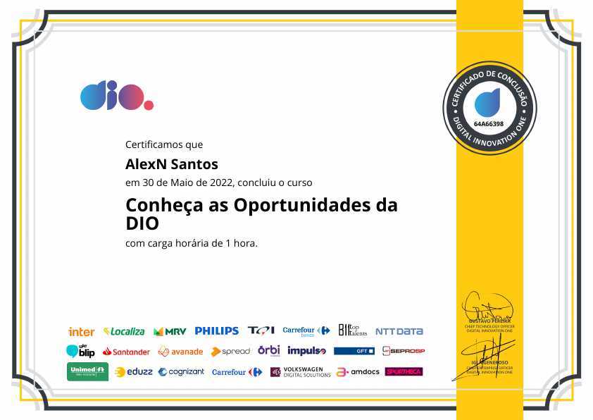certificate of Conheça as Oportunidades da DIO