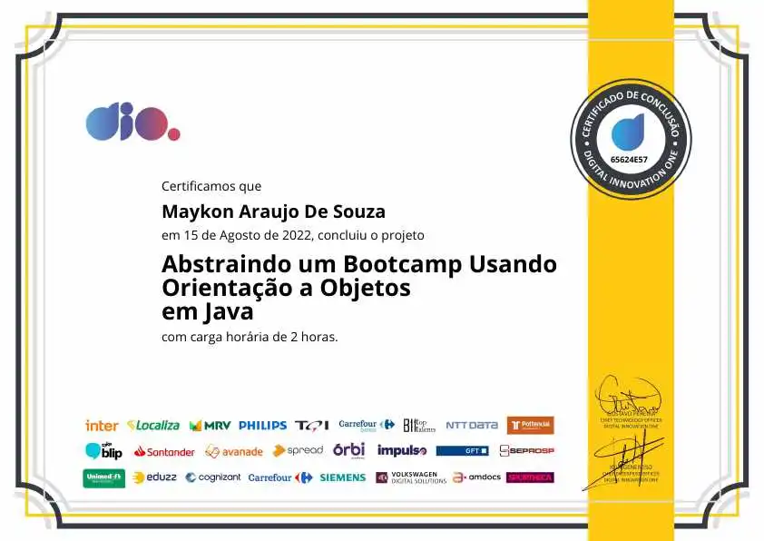 certificate of Abstraindo um Bootcamp Usando Orientação a Objetos em Java