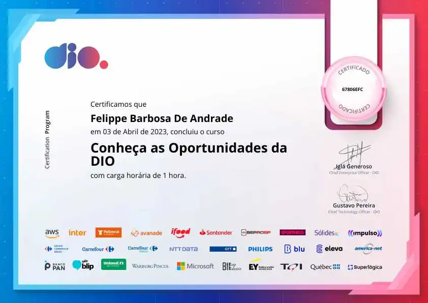 certificate of Conheça as Oportunidades da DIO