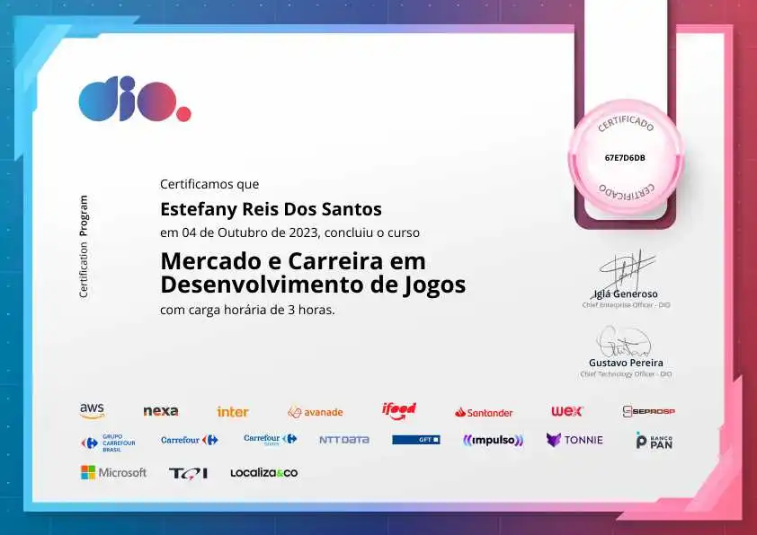 certificate of Mercado e Carreira em Desenvolvimento de Jogos