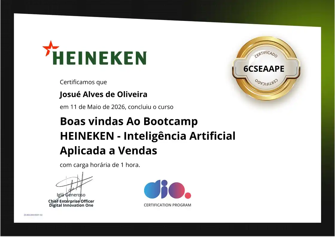 certificate of Boas vindas Ao Bootcamp HEINEKEN - Inteligência Artificial Aplicada a Vendas