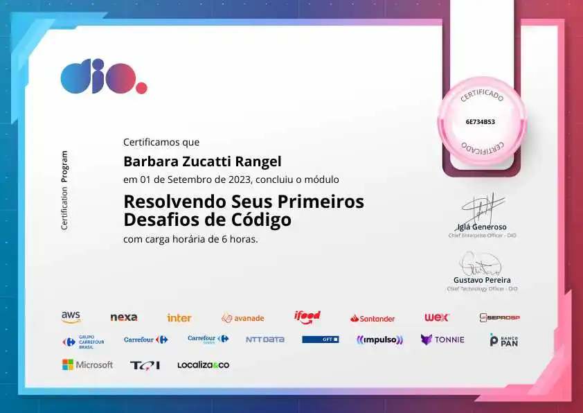 certificate of Resolvendo Seus Primeiros Desafios de Código