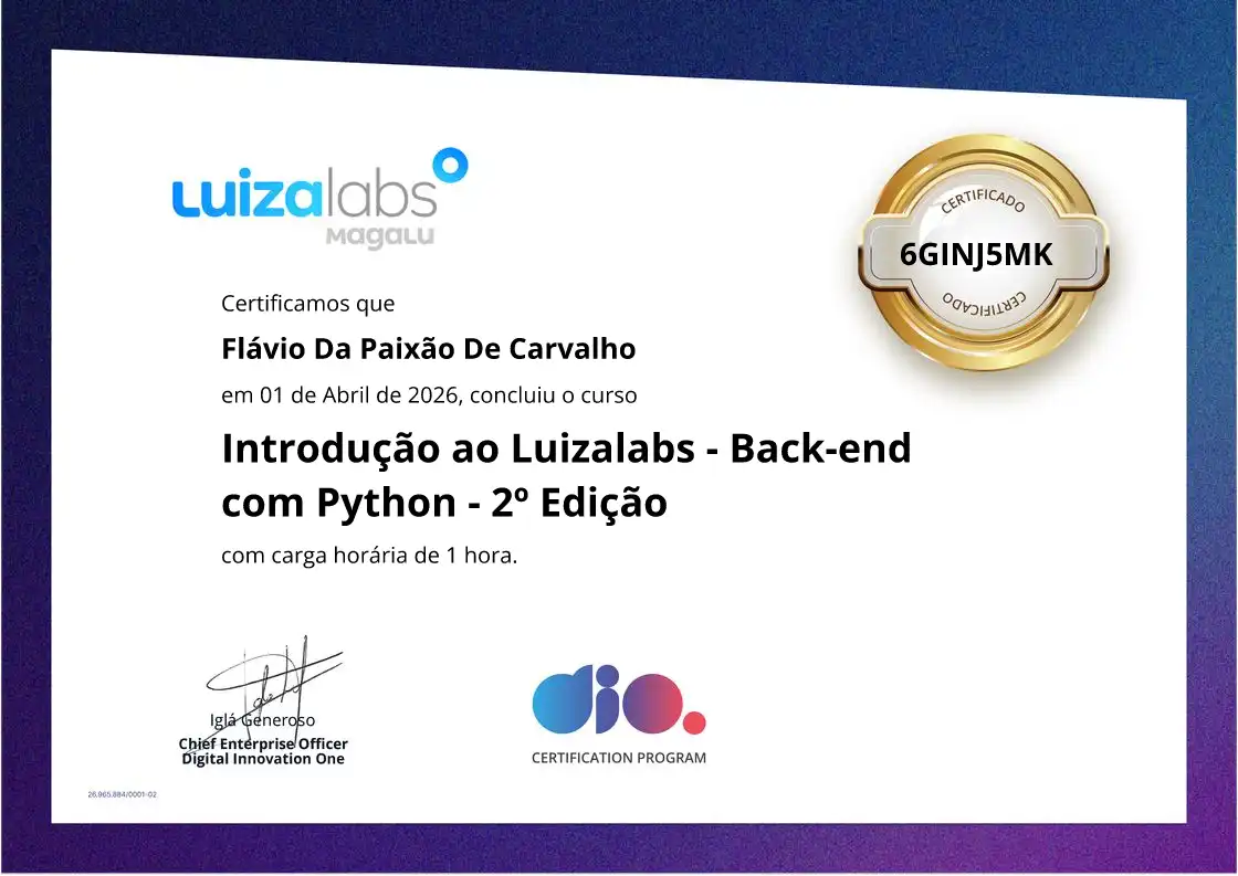 certificate of Introdução ao Luizalabs - Back-end com Python - 2º Edição