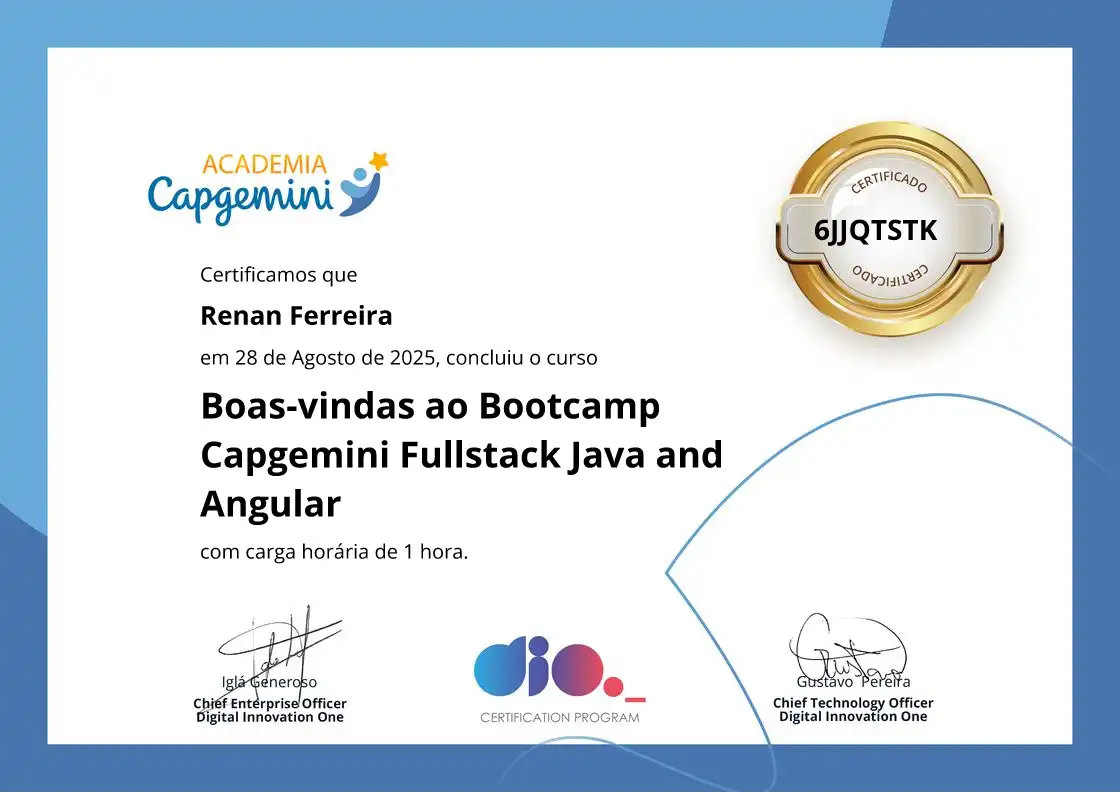 certificate of Boas-vindas ao Bootcamp Capgemini Fullstack Java and Angular