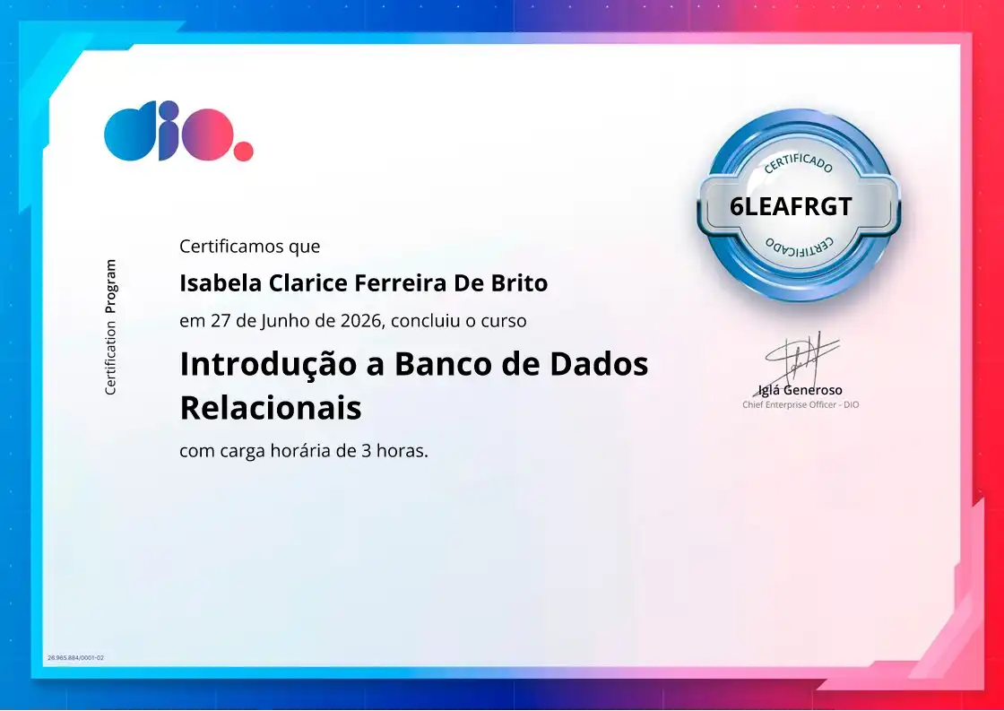 certificate of Introdução a Banco de Dados Relacionais