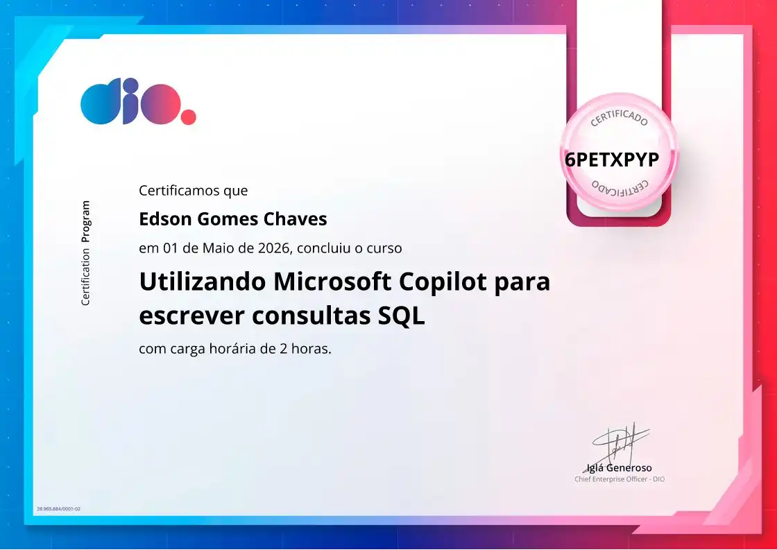 certificate of Utilizando Microsoft Copilot para escrever consultas SQL
