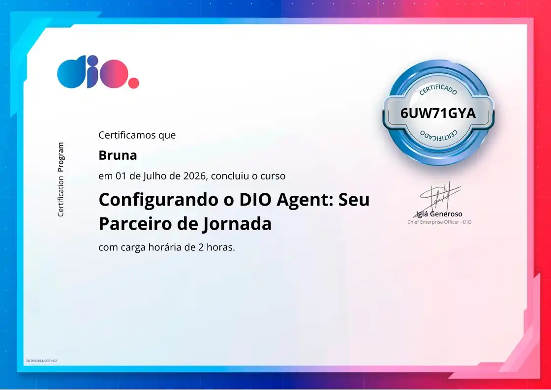 certificate of Configurando o DIO Agent: Seu Parceiro de Jornada