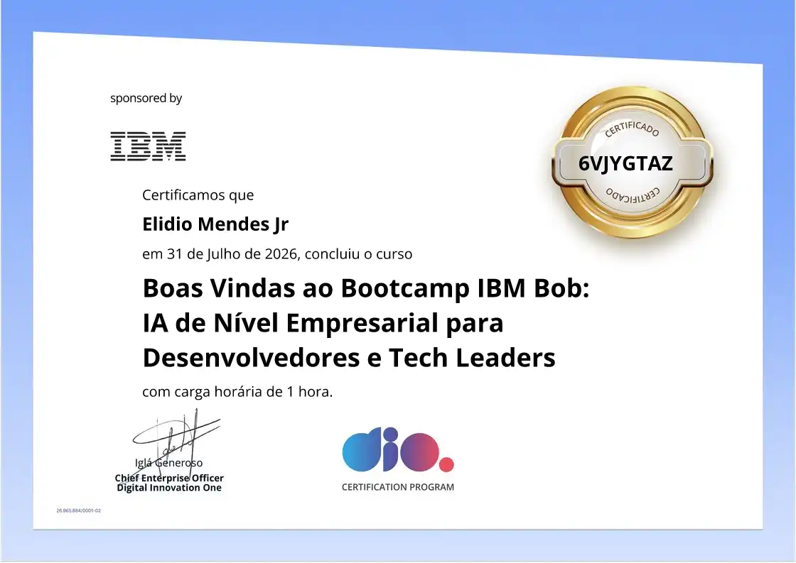 certificate of Boas Vindas ao Bootcamp IBM Bob: IA de Nível Empresarial para Desenvolvedores e Tech Leaders