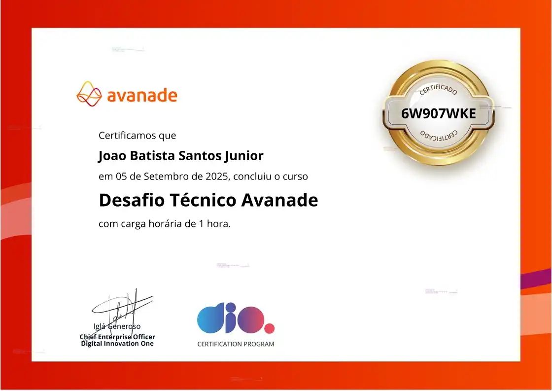 certificate of Desafio Técnico Avanade