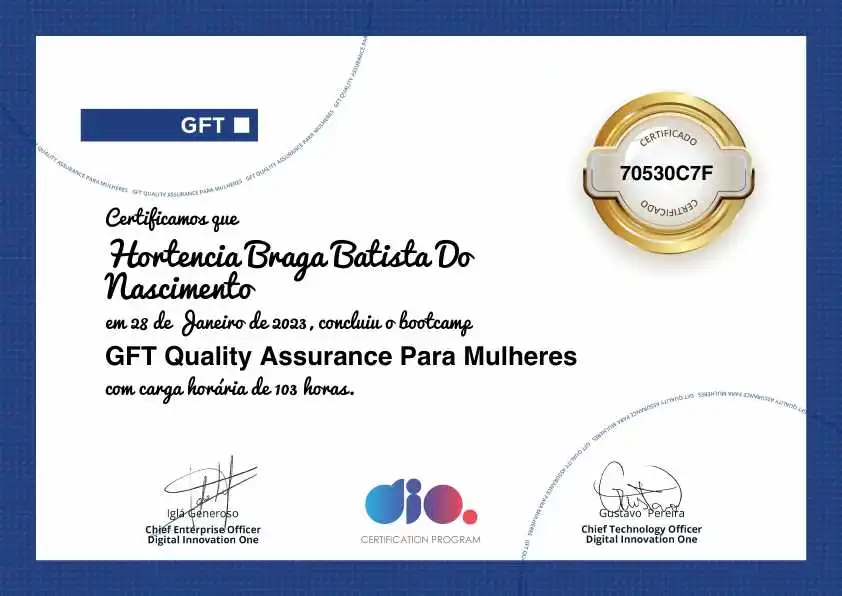certificate of GFT Quality Assurance Para Mulheres